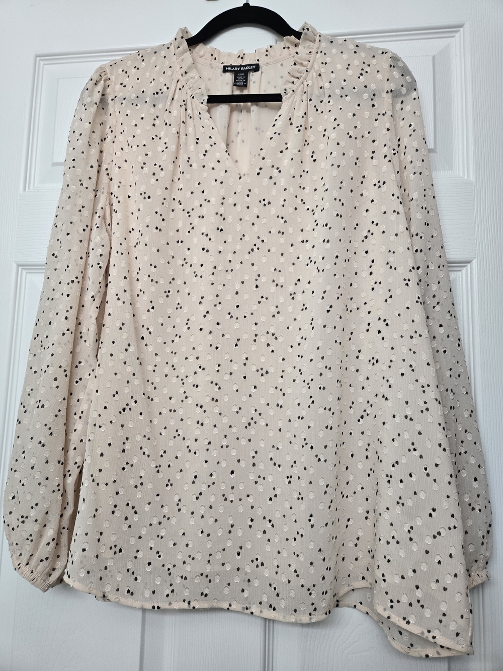 Hilary Radley Cream Blouse with Black and White Heart Dot Print